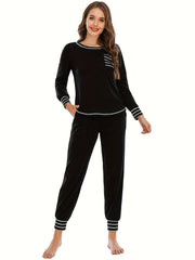 Striped Print Lounge Set Long Sleeve Crew Neck Top & Lace Up Pants