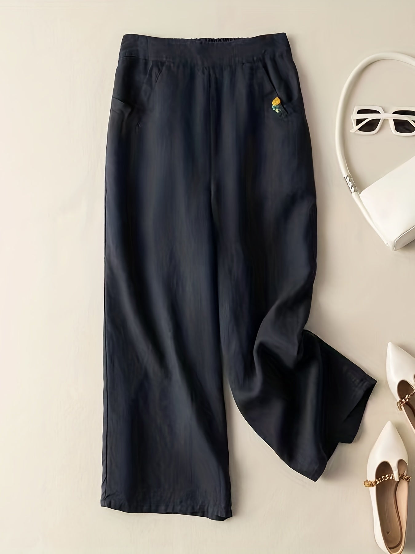 Casual Wide Leg Draped Pants with Embroidery Detail