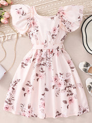Toddler Girls Ruffle Trim Flowers Graphic Princess Belted Dress