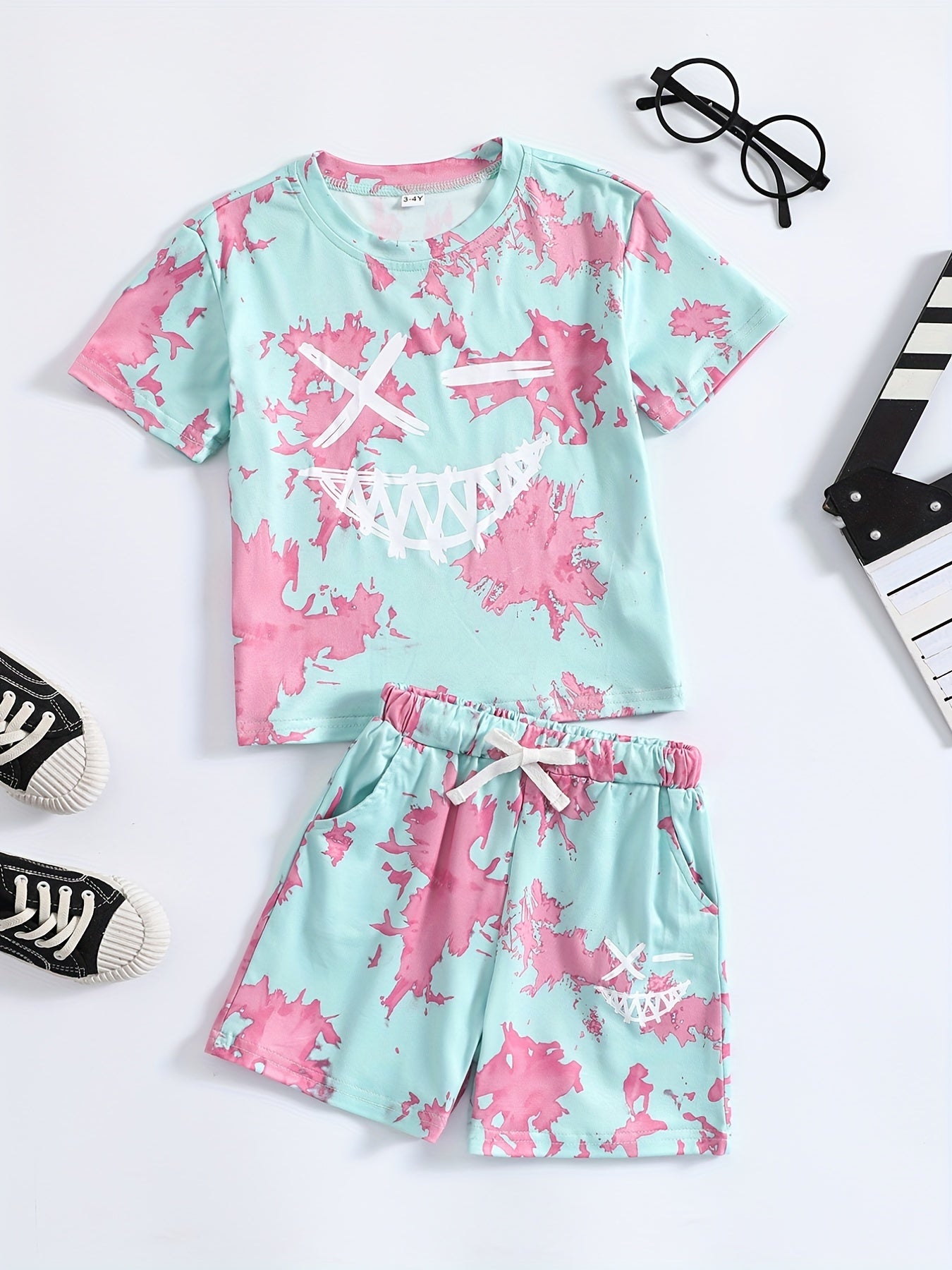 Boys Face Graphic Outfit Round Neck T shirt & Shorts For Summer Kids Clothes