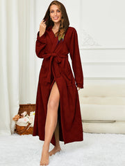Plaid Hooded Night Robe Long Sleeve V Neck House Robe With Belt