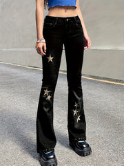 Golden Star Embroidery Flare Leg Jeans Y2K Bell Bottoms