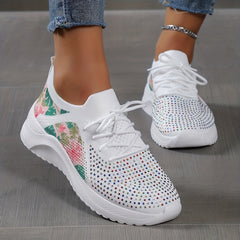 Women's Rhinestone & Leaf Decor Sneakers Lace Up Low Round Toe
