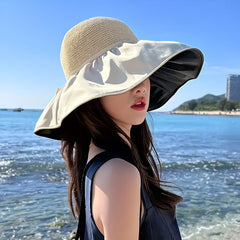Wide Brim Bow Sun Hat Women Casual Sunscreen Bucket Hat UV Protection
