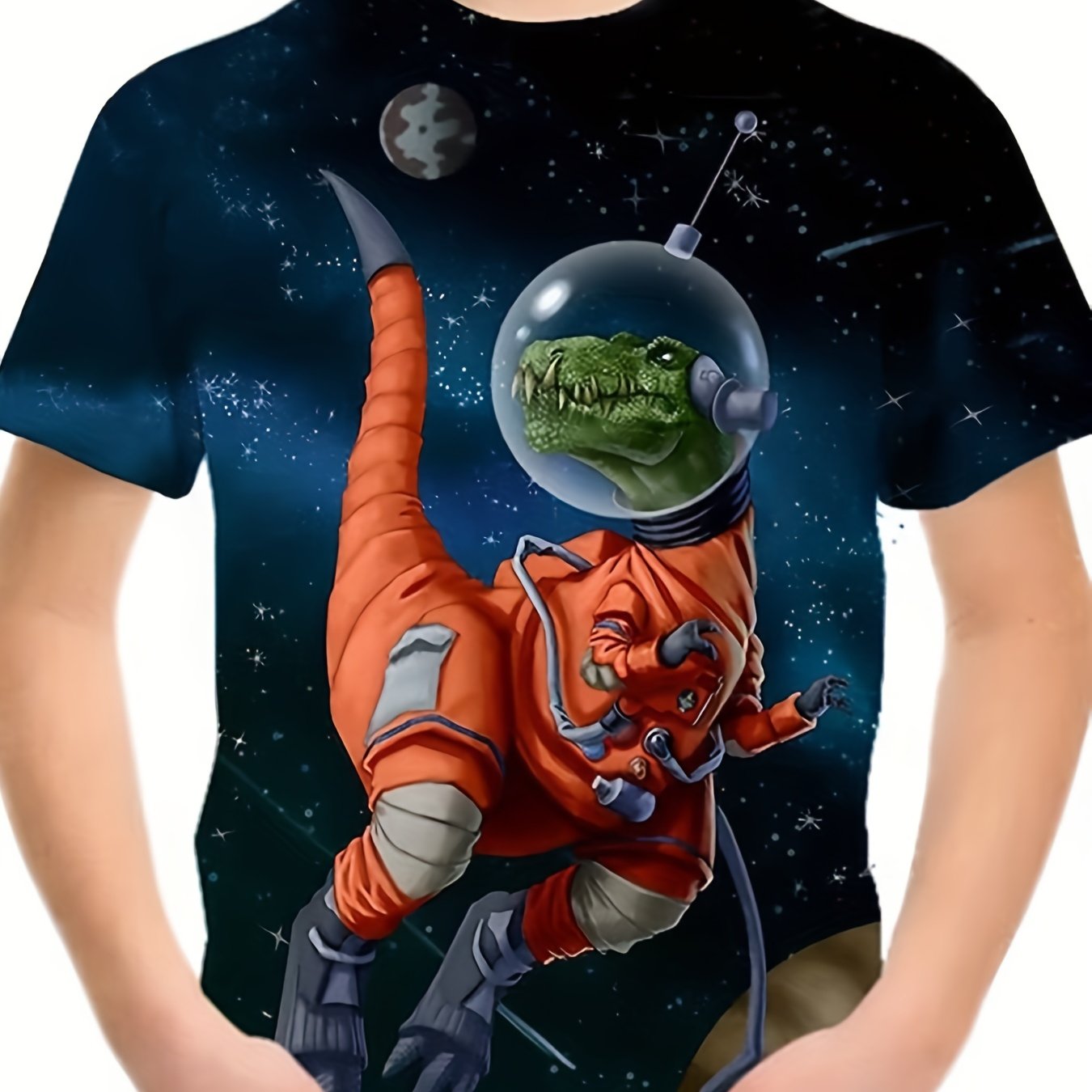Boy's Dino Astronaut T-shirt Casual Stretch Tee for Summer