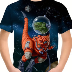 Boy's Dino Astronaut T-shirt Casual Stretch Tee for Summer