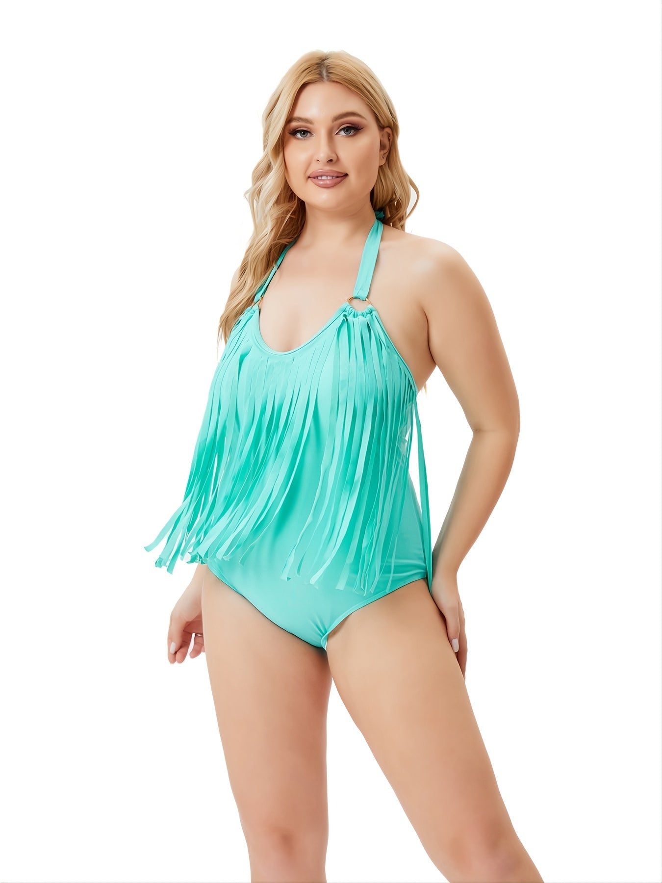 Fringe Trim One Piece Swimsuit Halter Neck Beachwear