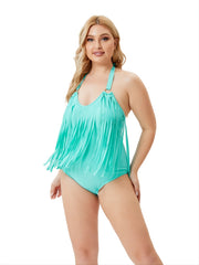 Fringe Trim One Piece Swimsuit Halter Neck Beachwear