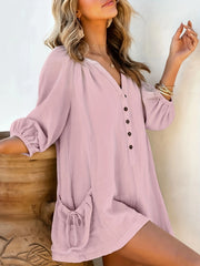 Button Front V Neck Romper Jumpsuit 3/4 Sleeve Casual Summer Women's Cloth