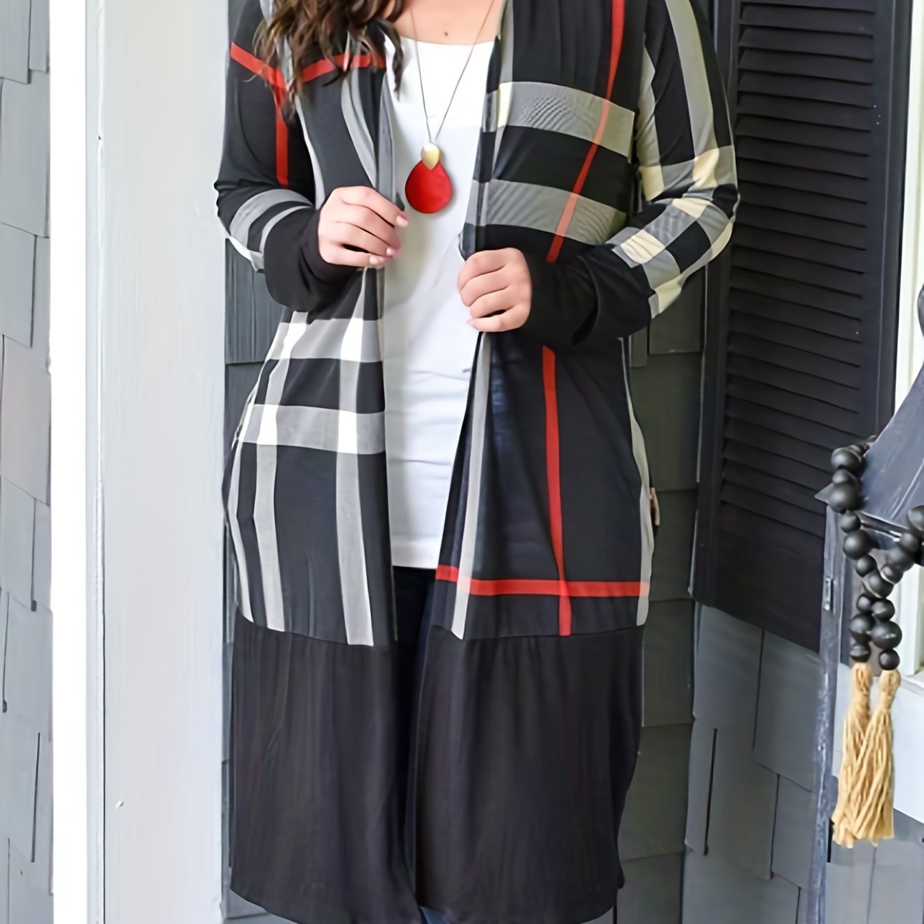 Plaid Print Long Sleeve Open Front Cardigan