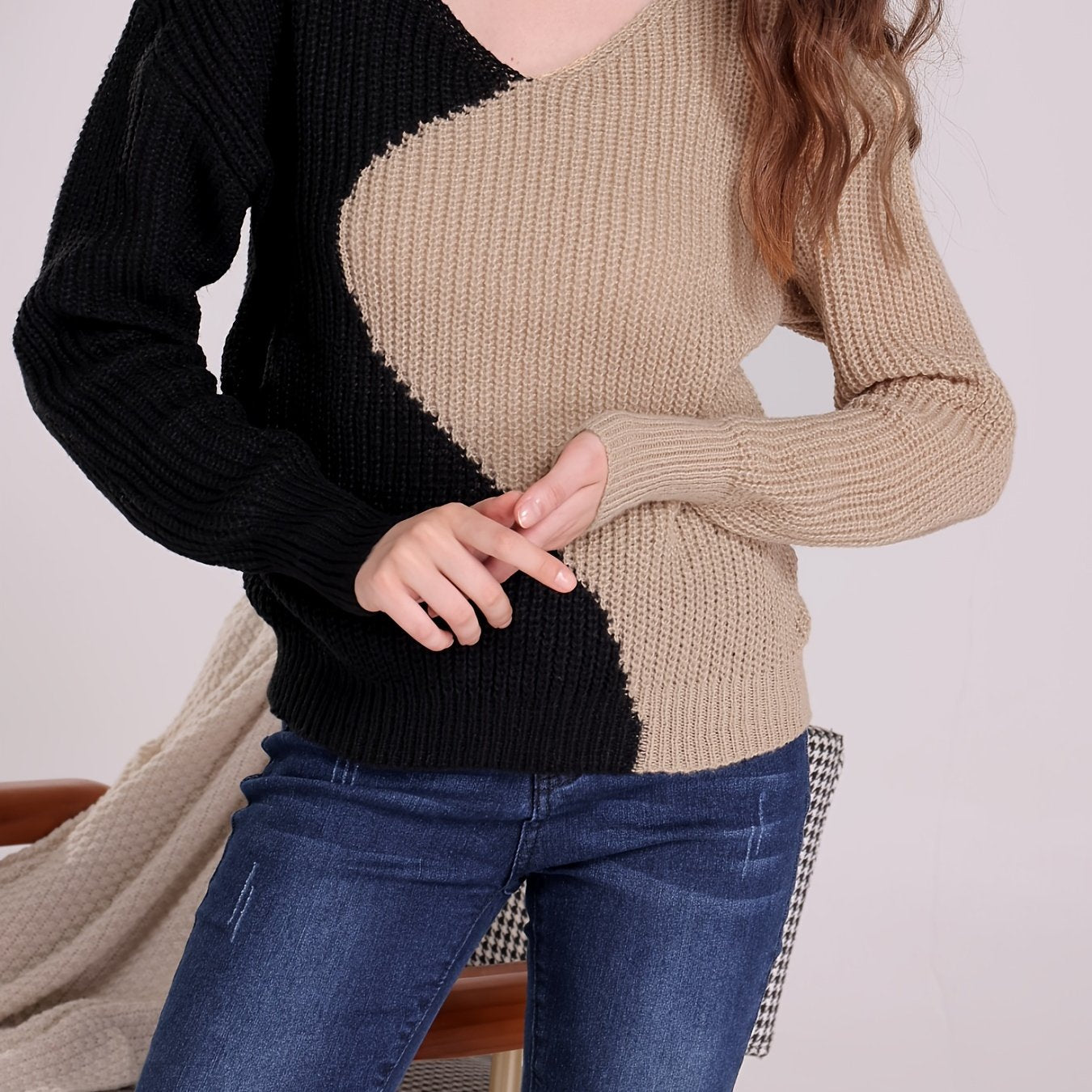 Drop Shoulder V-Neck Sweater Long Sleeve Casual
