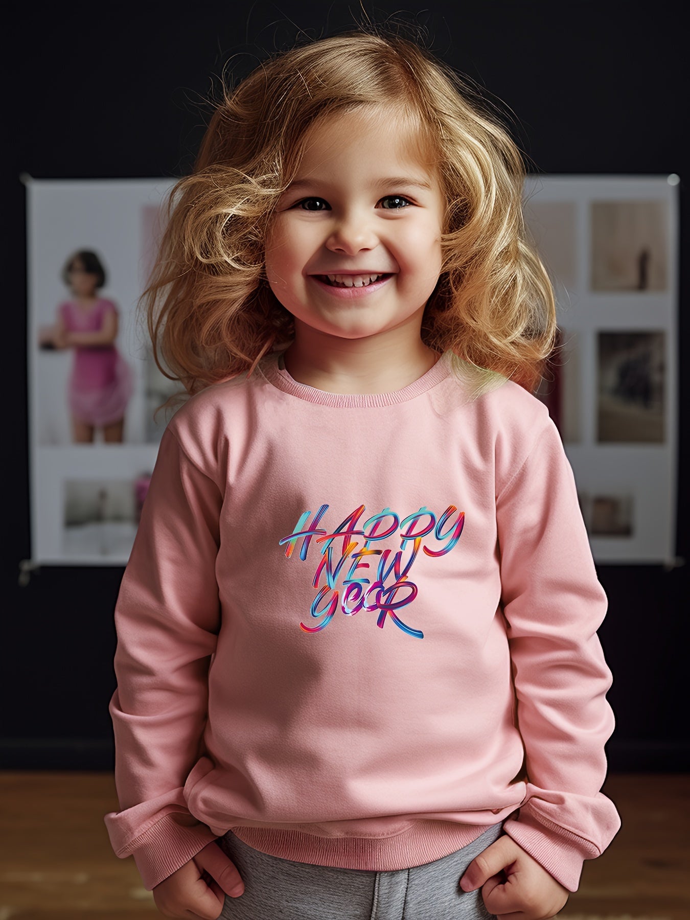 Girls Happy Year Pattern Crew Neck Long Sleeve Sweatshirt