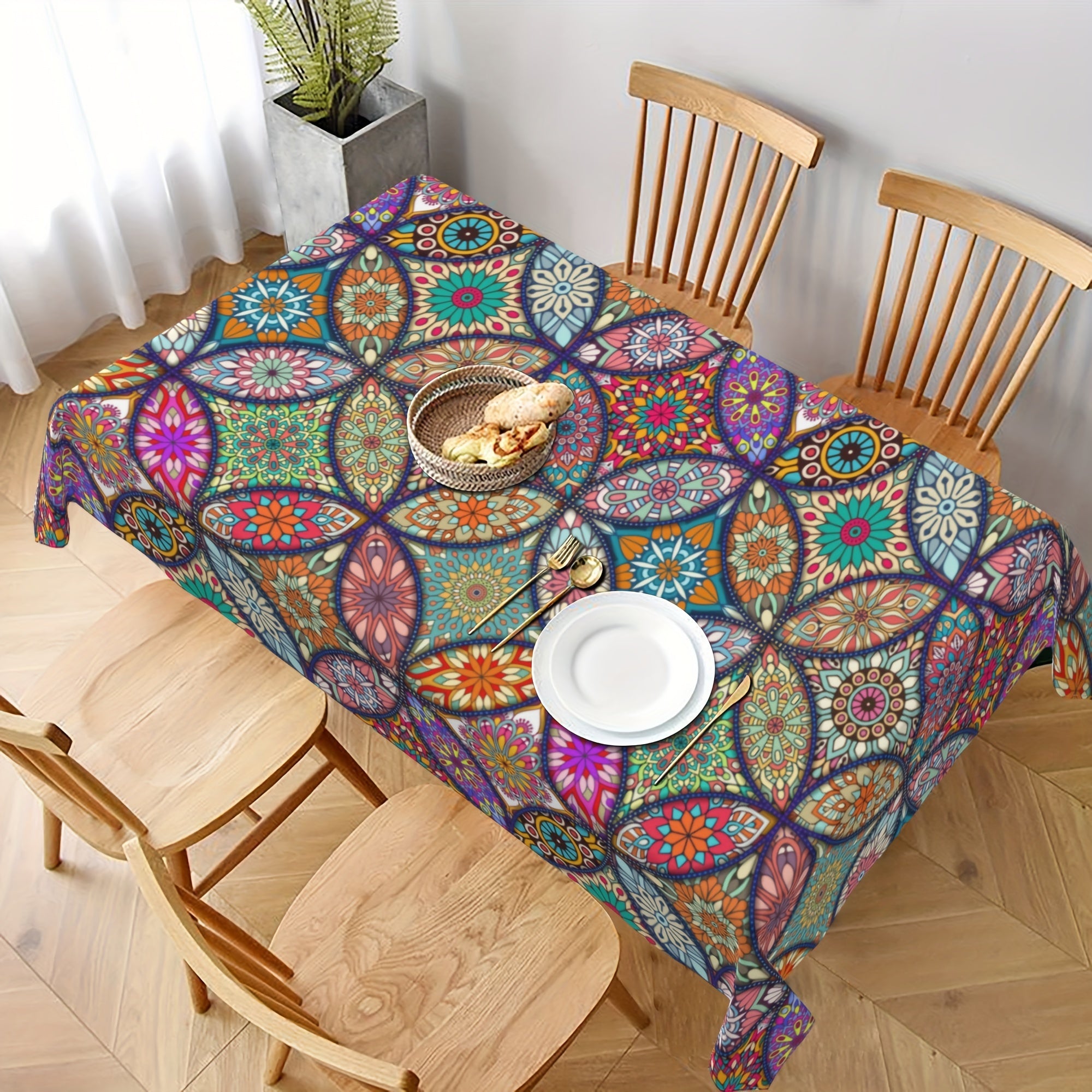 Boho Rectangle Tablecloth Stain Resistant Water Repellent Wrinkle Table Cover