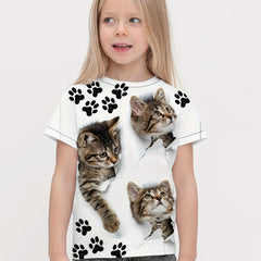3D Kitty & Paw Short Sleeve T-shirt - Summer Clothes