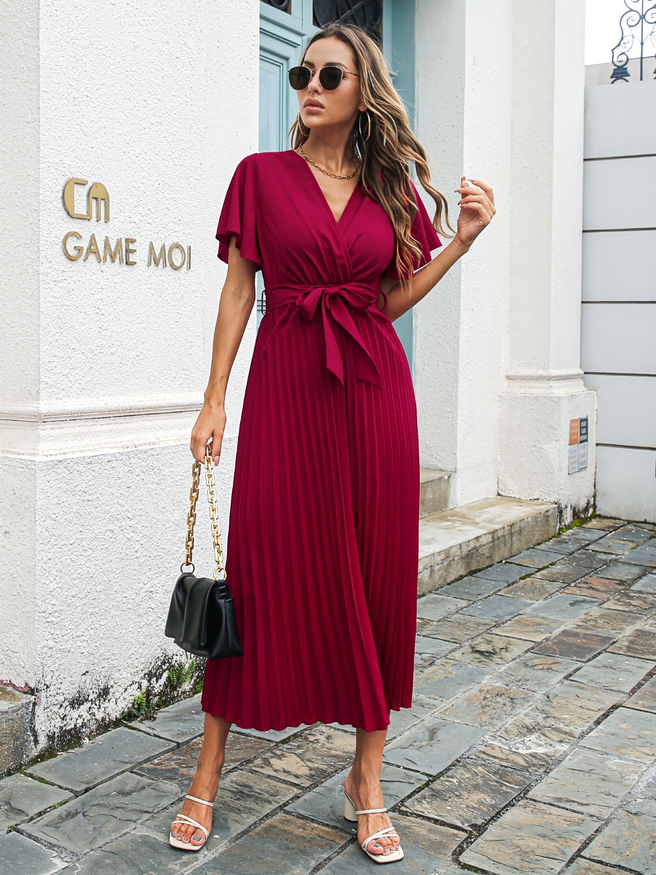 High Waist V Neck Pleated Dress Short Sleeve Casual Summer Spring