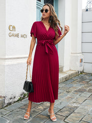 High Waist V Neck Pleated Dress Short Sleeve Casual Summer Spring