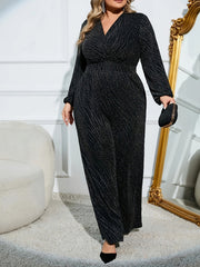 Striped Long Sleeve V Neck Wide Leg Jumpsuit