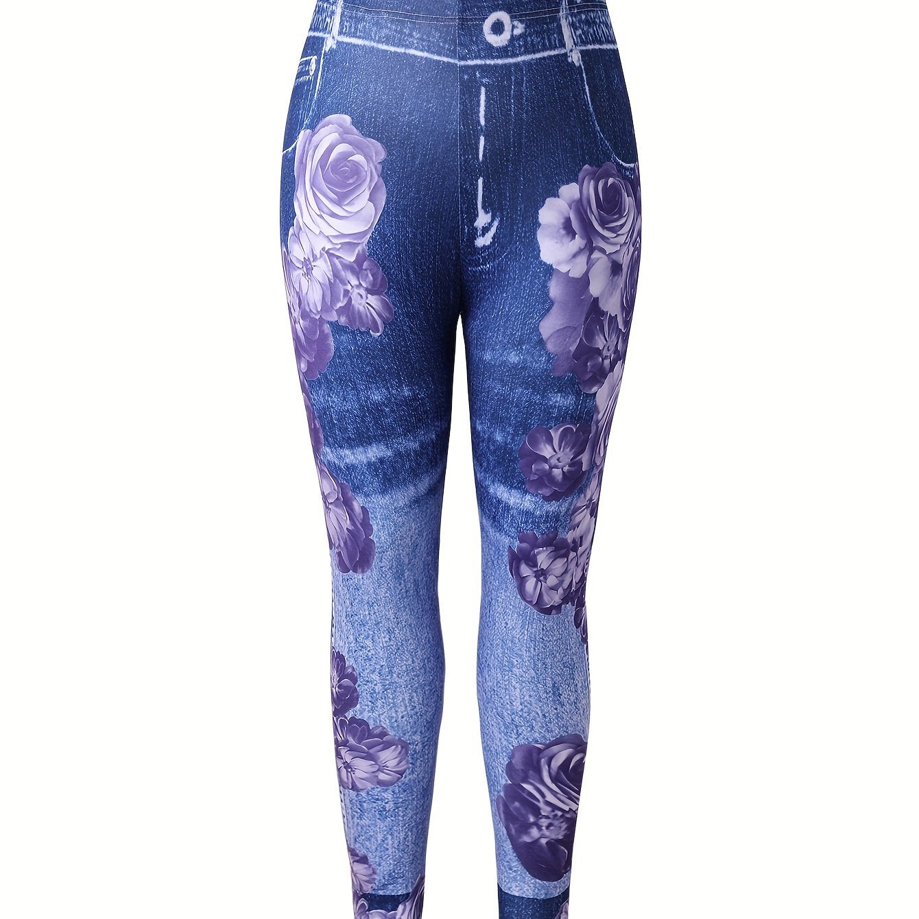 Floral & Denim Print Skinny Leggings
