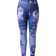 Floral & Denim Print Skinny Leggings