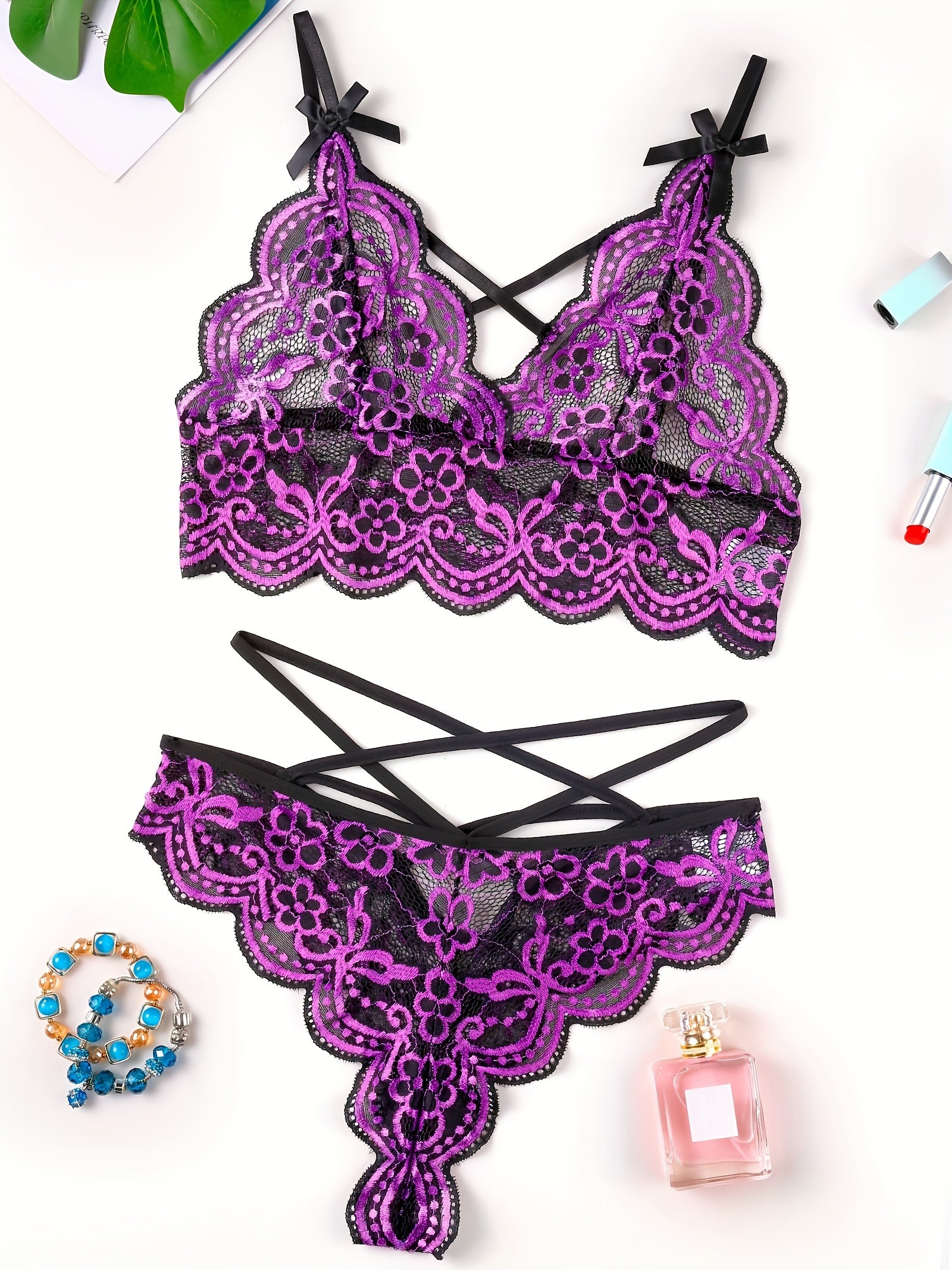 Floral Lace Lingerie Set - Sexy Bra & Cut Out Panties