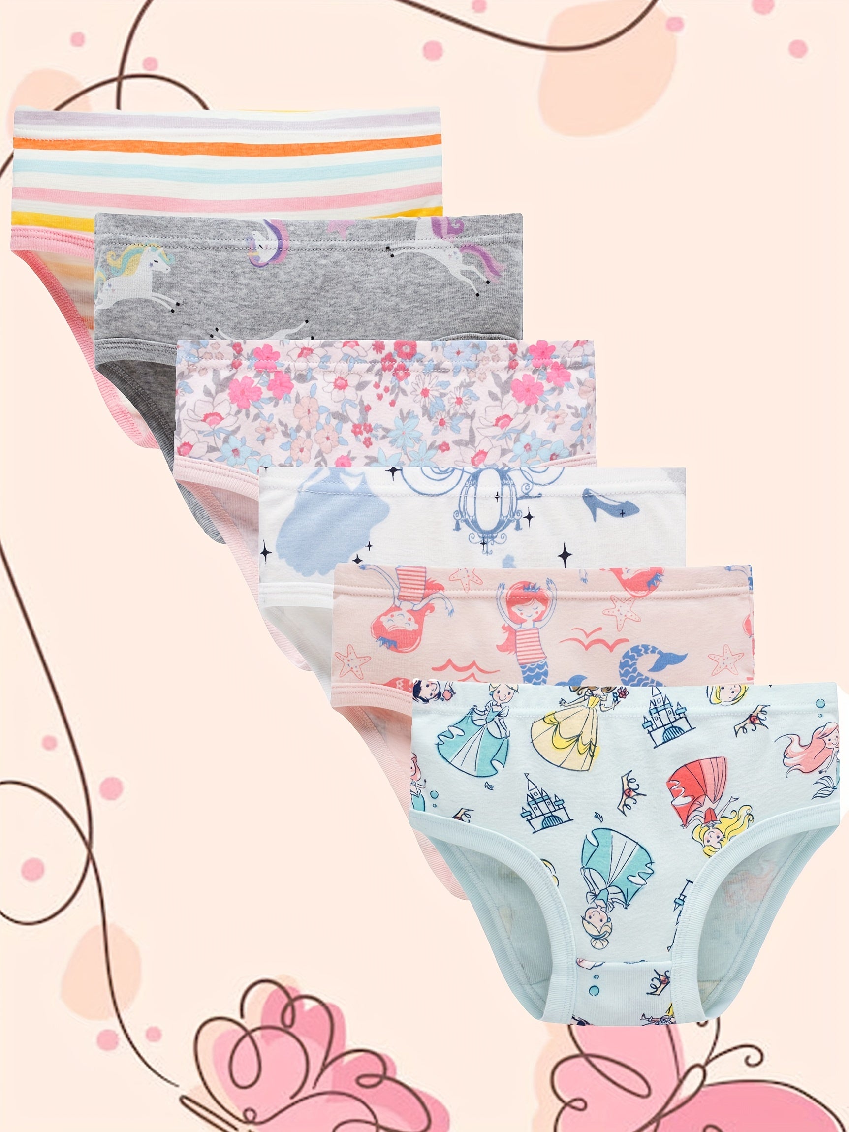 6pcs Girls Triangle Panties Cartoon Floral Animals Print Elastic Waist