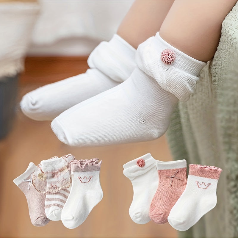 3 Pairs Baby Girls Lace Crew Socks Flower Embroidery Princess Socks