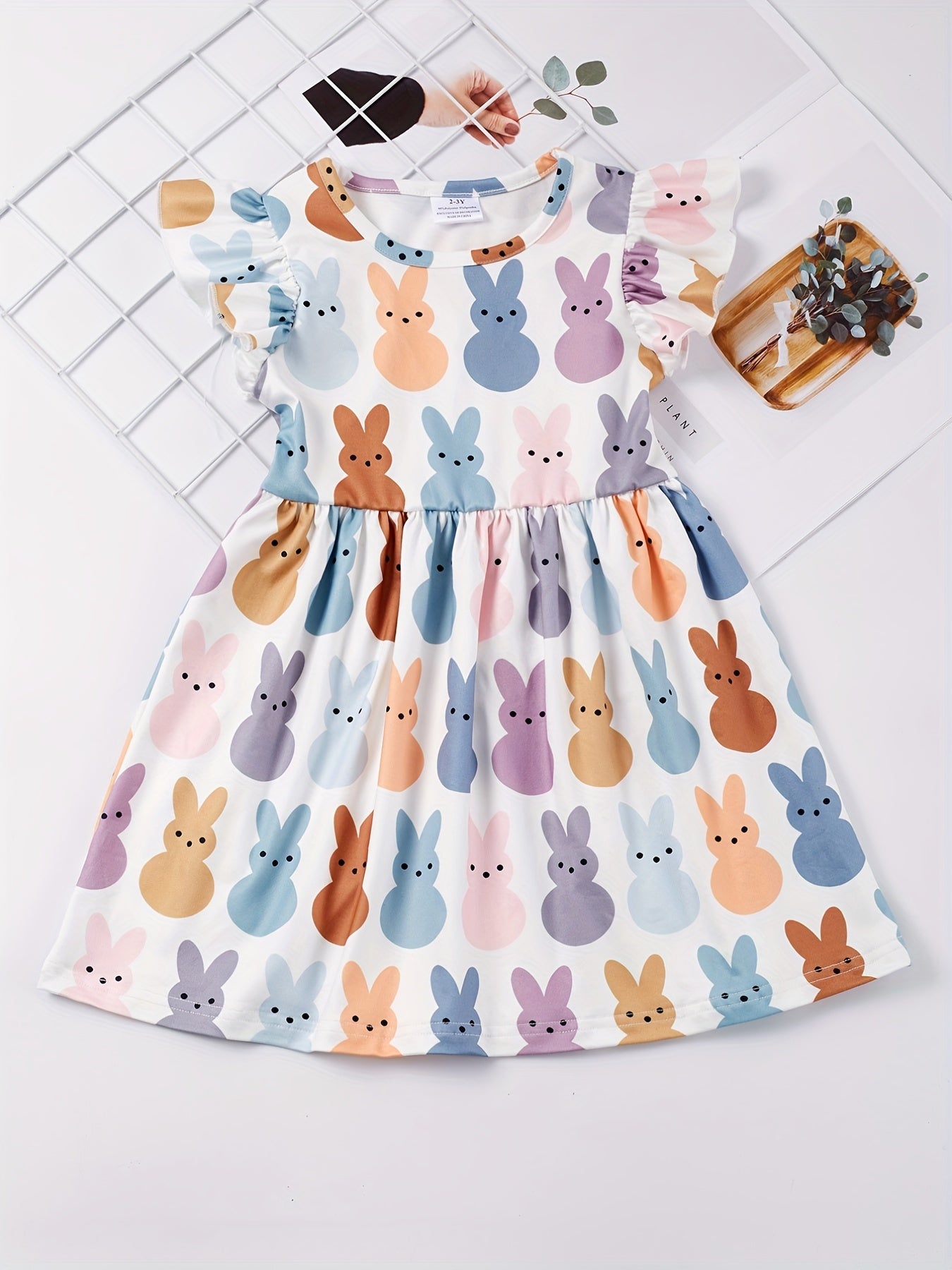 Girls Ruffled Sleeves Crew Neck Easter Bunny Graphic Princess Dress