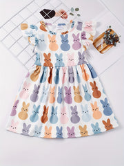 Girls Ruffled Sleeves Crew Neck Easter Bunny Graphic Princess Dress