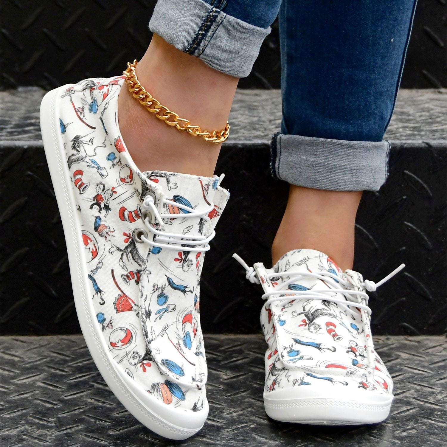 Women's Cartoon Print Canvas Loafers Lace Up Slip On Casual Low Top Shoes