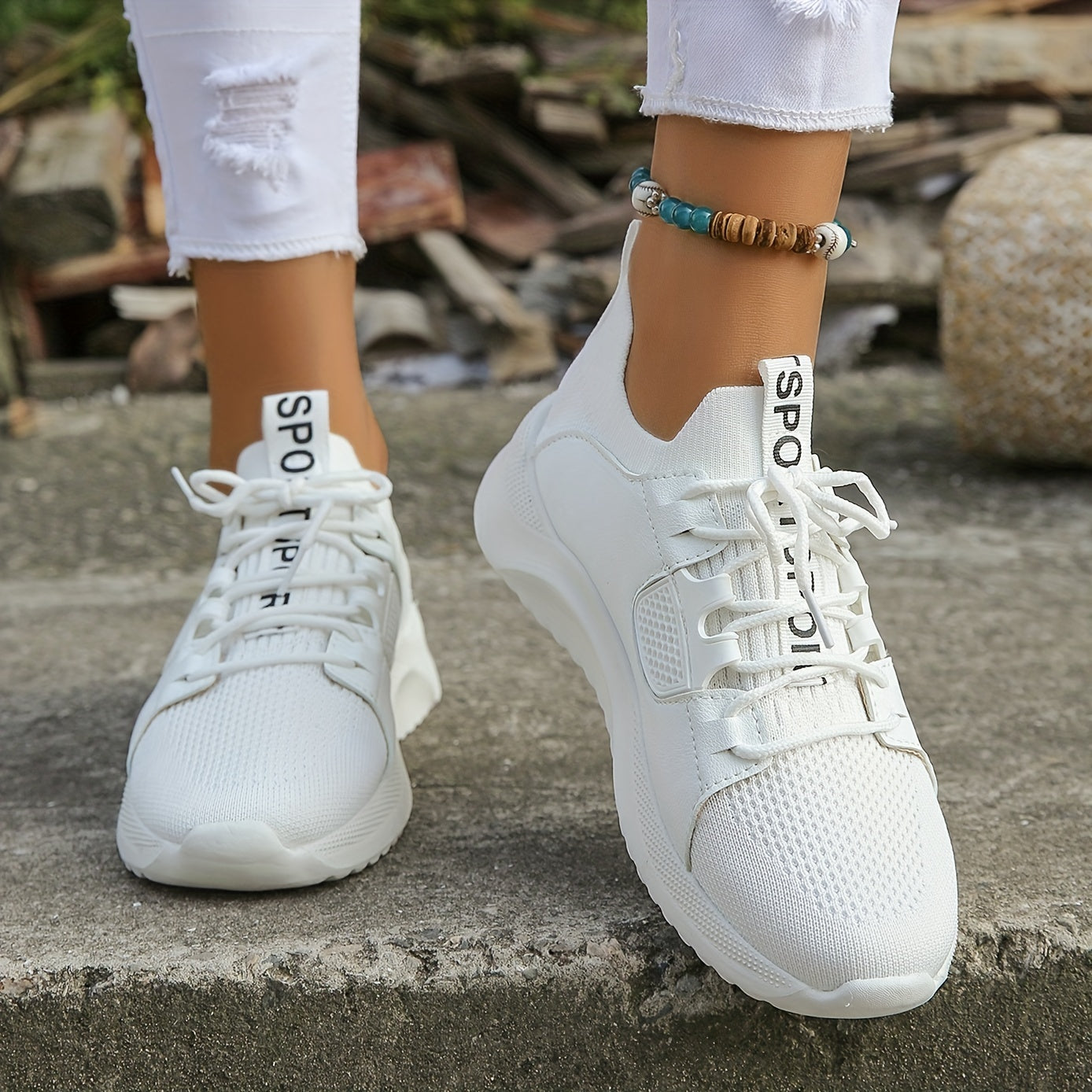 Women's Knitted Lace Up Sneakers Comfortable Breathable Running Shoes
