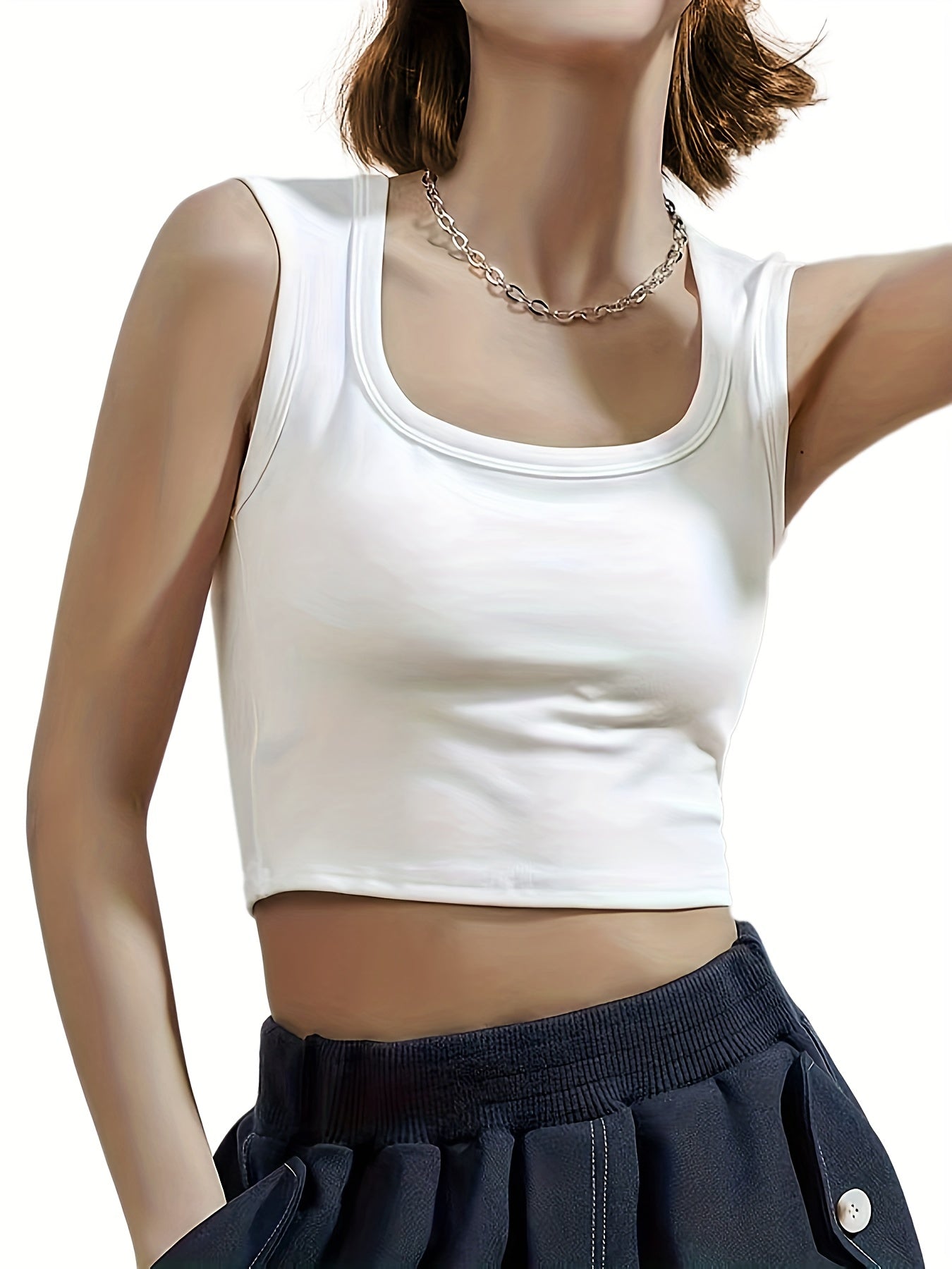 Solid Square Neck Tank Top Wide Straps Padded Sports Vest Top
