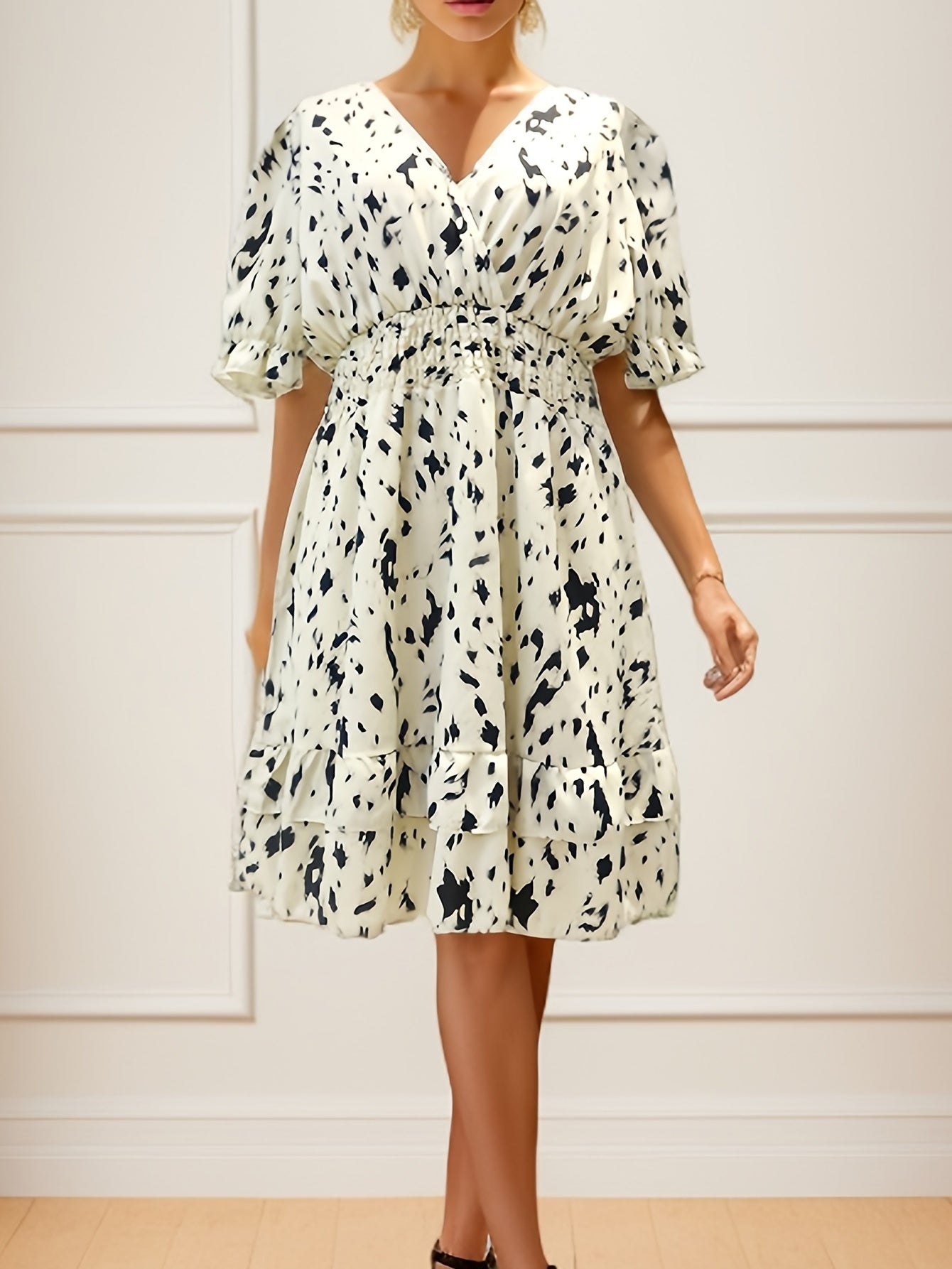 Printed Layered Dress Surplice Neck Short Sleeve Dress Women's Clothing