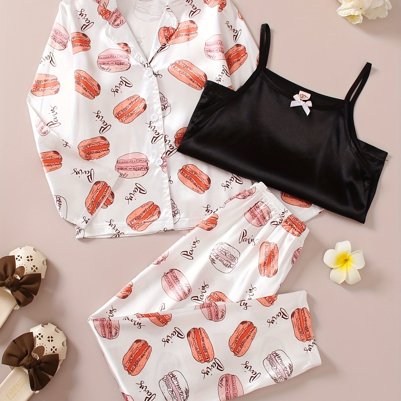 Kid's 3pcs Macaron Pattern Pajamas Set Comfy PJ Girl's Loungewear