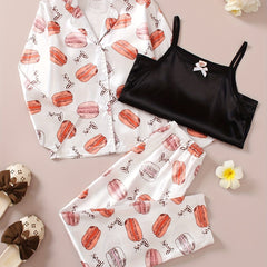 Kid's 3pcs Macaron Pattern Pajamas Set Comfy PJ Girl's Loungewear