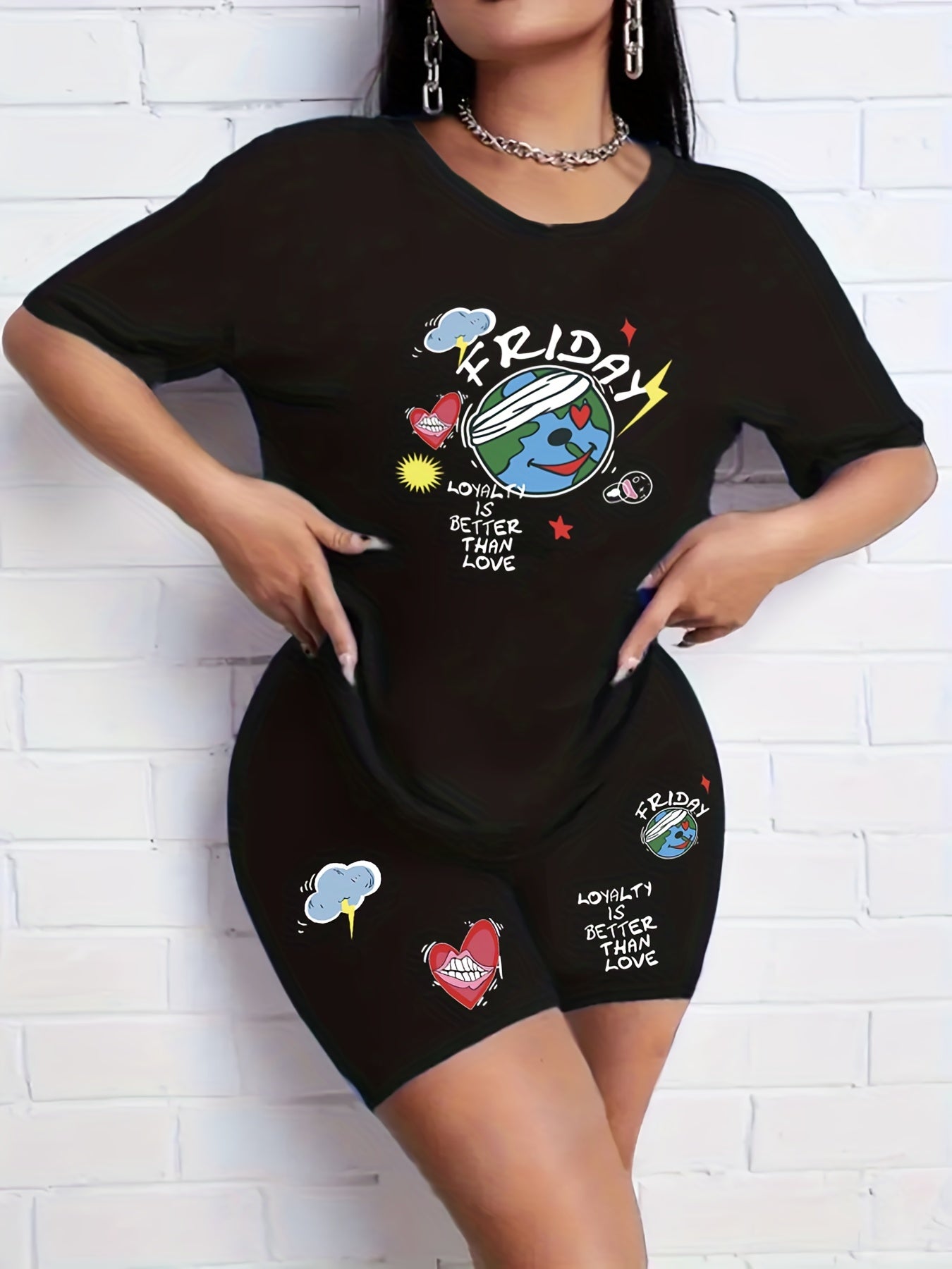 Cartoon Print Casual Two-piece Set Tee & Shorts Outfit