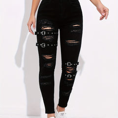 Ripped Skinny Jeans with Grommet Buckle Detail