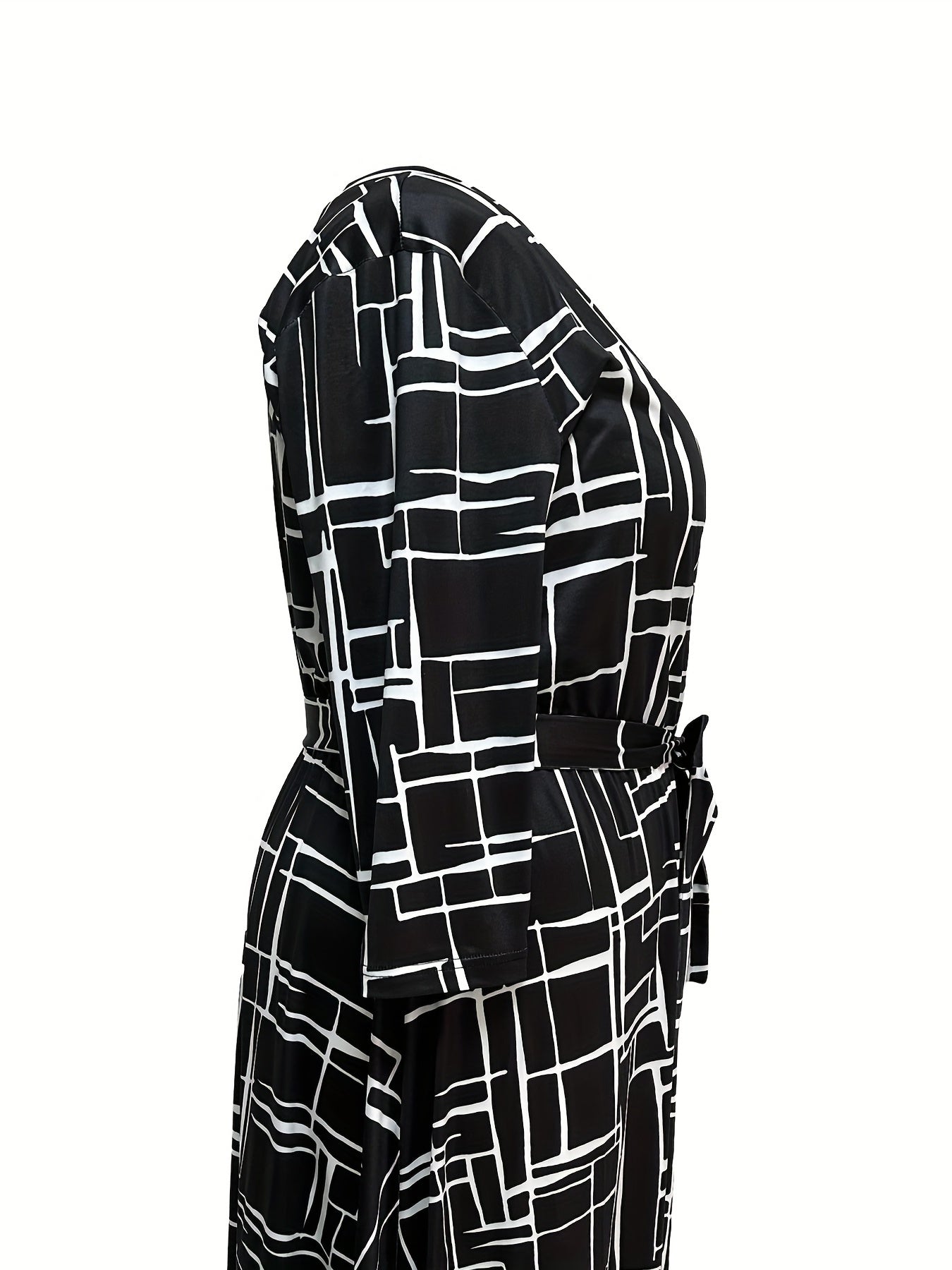 Geometric Print Long Sleeve Maxi Dress With Belt