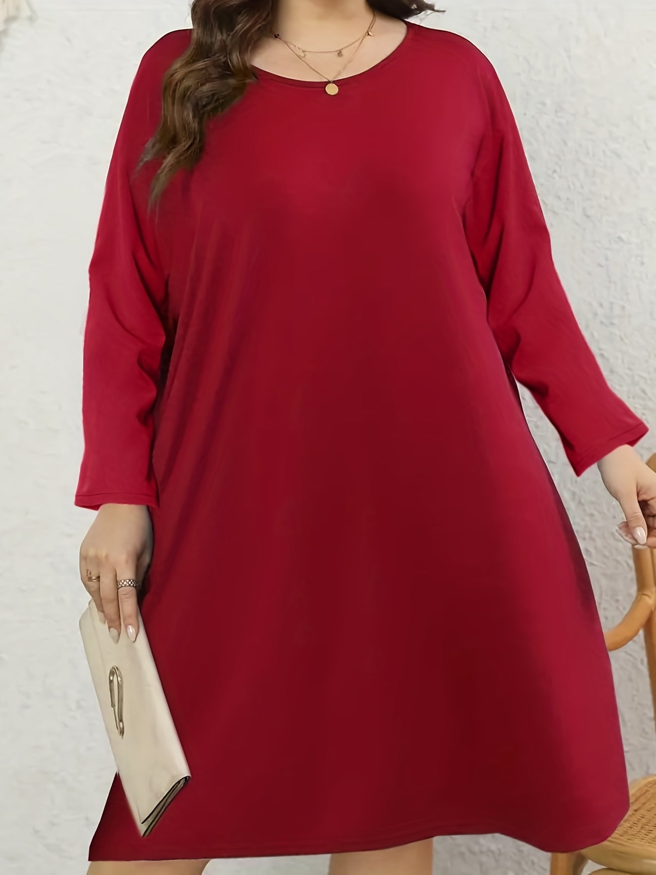 Solid Long Sleeve Round Neck Tee Dress