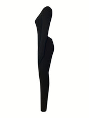 Solid Crew Neck Slim Jumpsuit Long Sleeve Backless for Spring & Fall