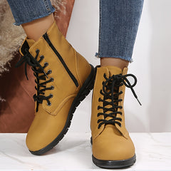 Women's Ankle Flat Boots Lace Up Faux Leather Shoes