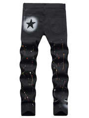 Y2k Star Pattern Spray Painted Slim Fit Jeans Men's Casual Street Style