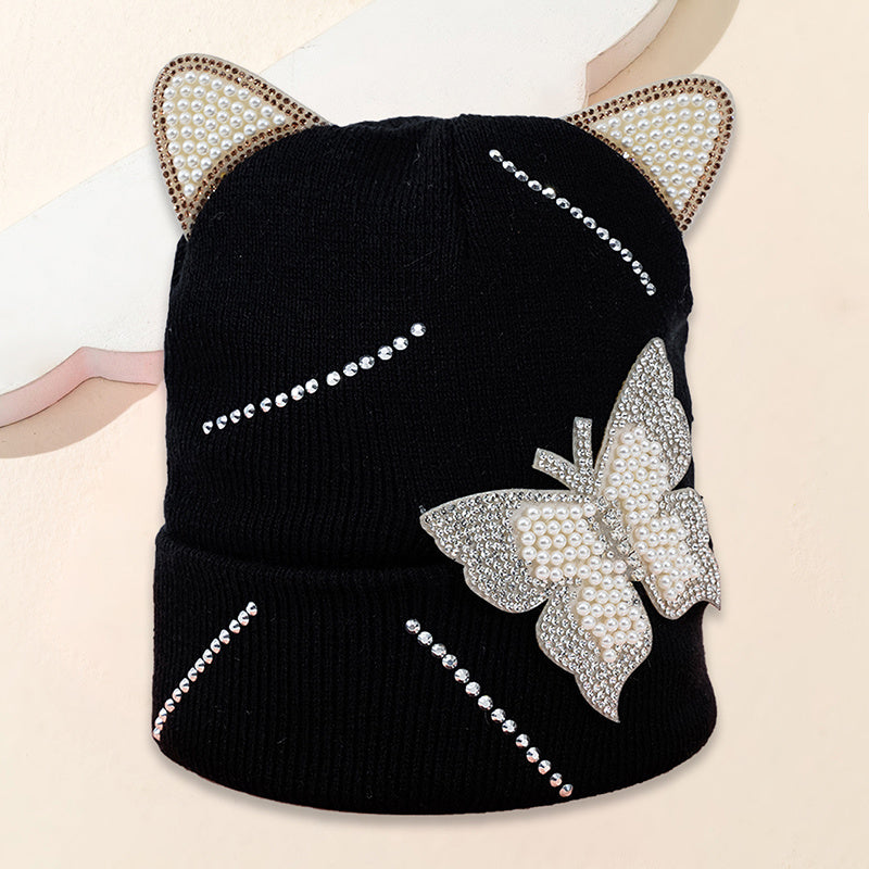 Pearl Butterfly Ear Knitted Hat for Valentines