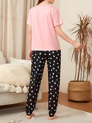 Heart Print Lounge Set Short Sleeve & Pants