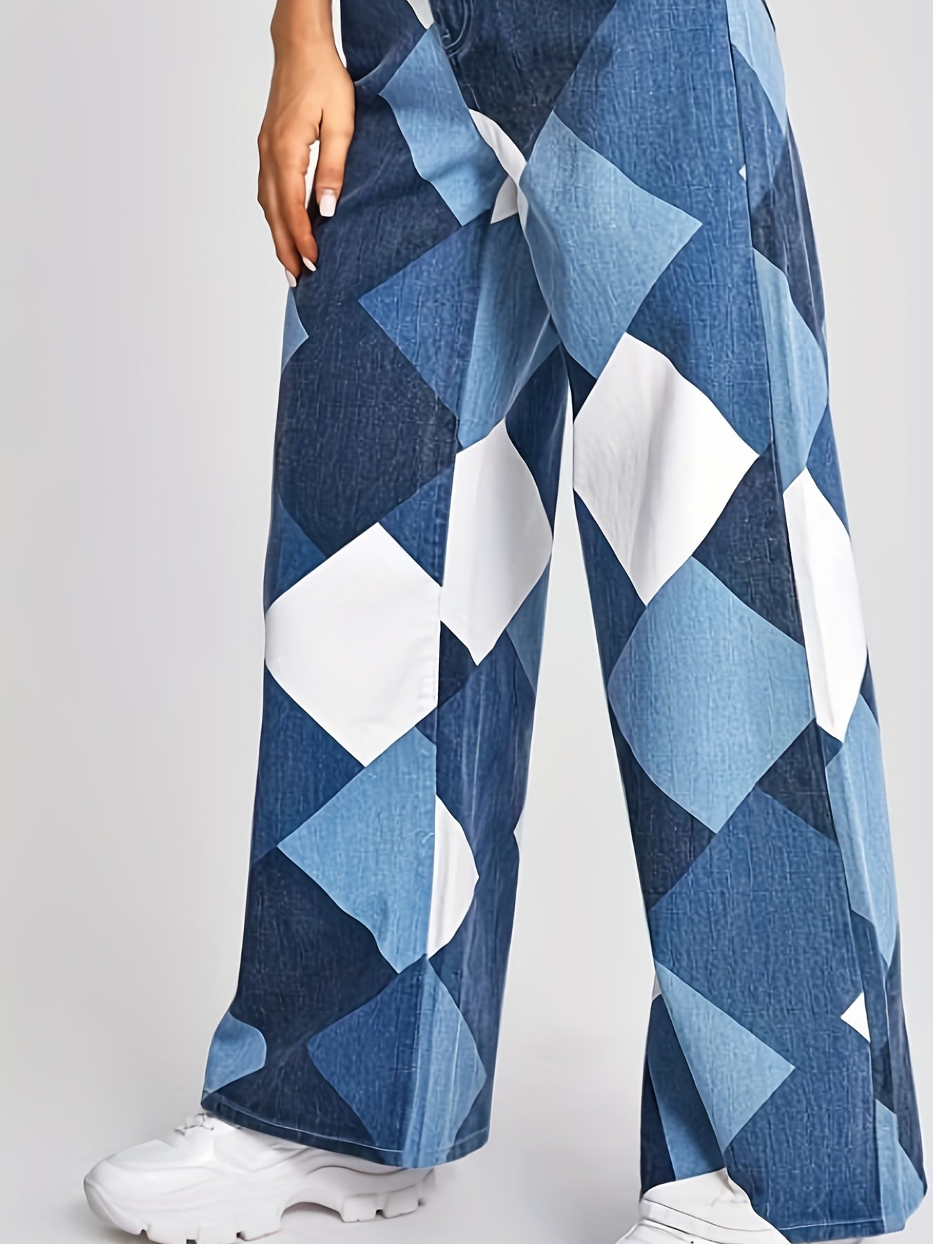 Colorblock Geometric Pattern Straight Jeans Women's Denim Pants