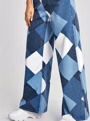 Colorblock Geometric Pattern Straight Jeans Women's Denim Pants