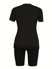 Casual 2pc Set Crew Neck Tee & Slim Shorts Women's Outfit