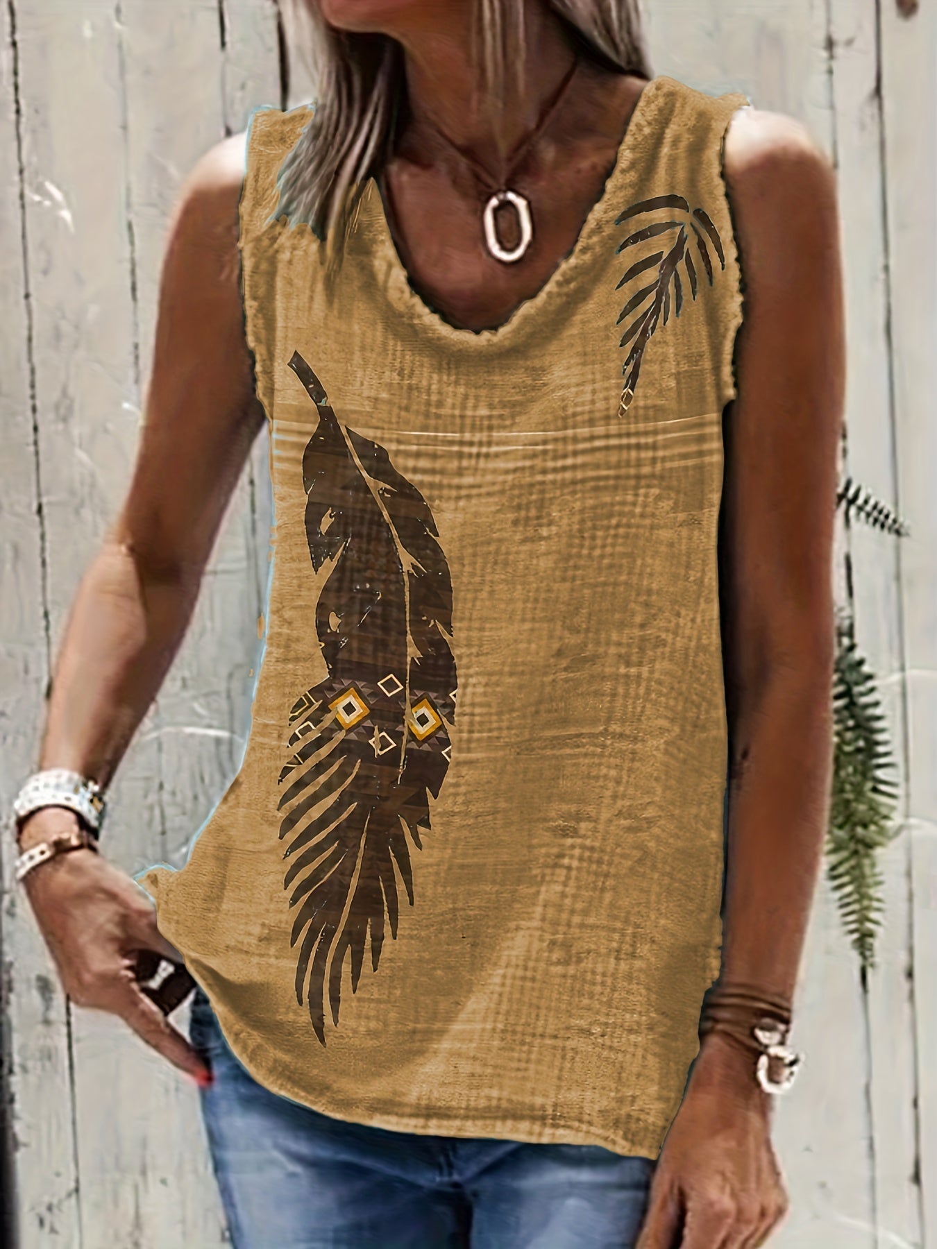 Western Feather Print Tank Top Sleeveless Crew Neck Casual Tops