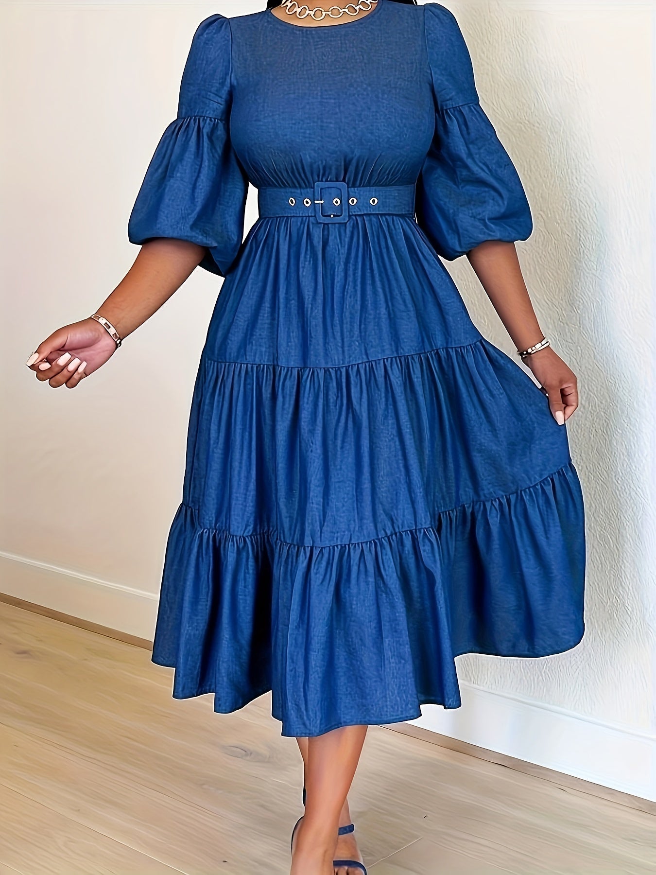 Women's Plus Solid Bubble Sleeve Midi Smock Dress