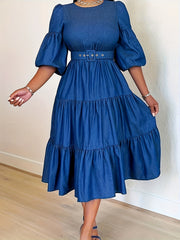 Women's Plus Solid Bubble Sleeve Midi Smock Dress