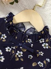 Girls Ruffle Sleeve Flowers Graphic Frill Trim Neck Bow Blouse Top